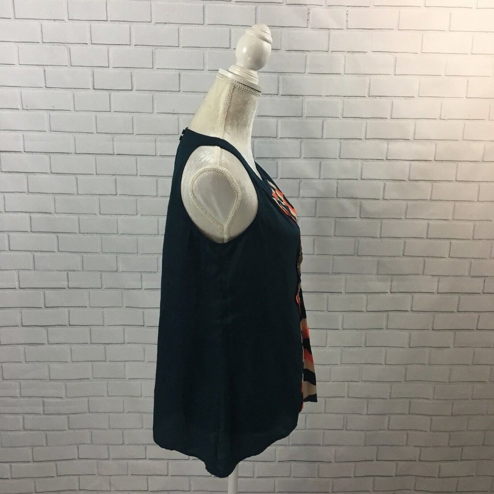 Nue Options Green w/ Orange &‎ Cream Geometric Pattern Pleated Swing Tank Blouse - Picture 3 of 8